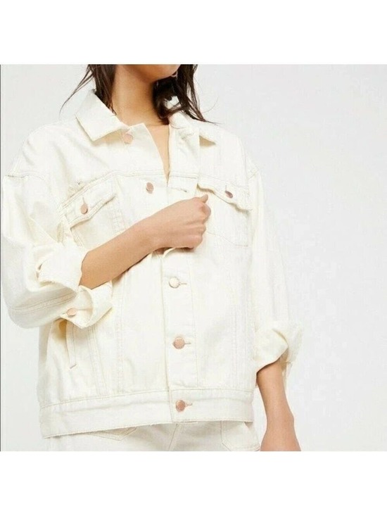 Free People Jackets & Blazers - Free People Worn White Denim Trucker Boyfriend Fit Distressed Jacket M/L